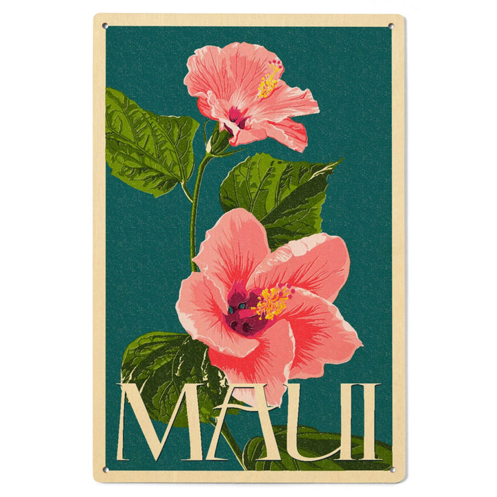 Maui, Hawaii, Pink Hibiscus Flower Letterpress, Lantern Press Artwork, Wood Signs and Postcards - Lantern Press