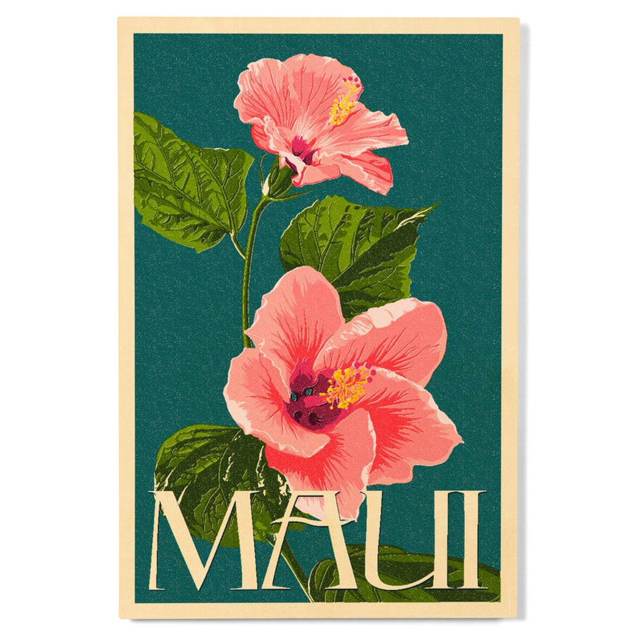 Maui, Hawaii, Pink Hibiscus Flower Letterpress, Lantern Press Artwork, Wood Signs and Postcards - Lantern Press