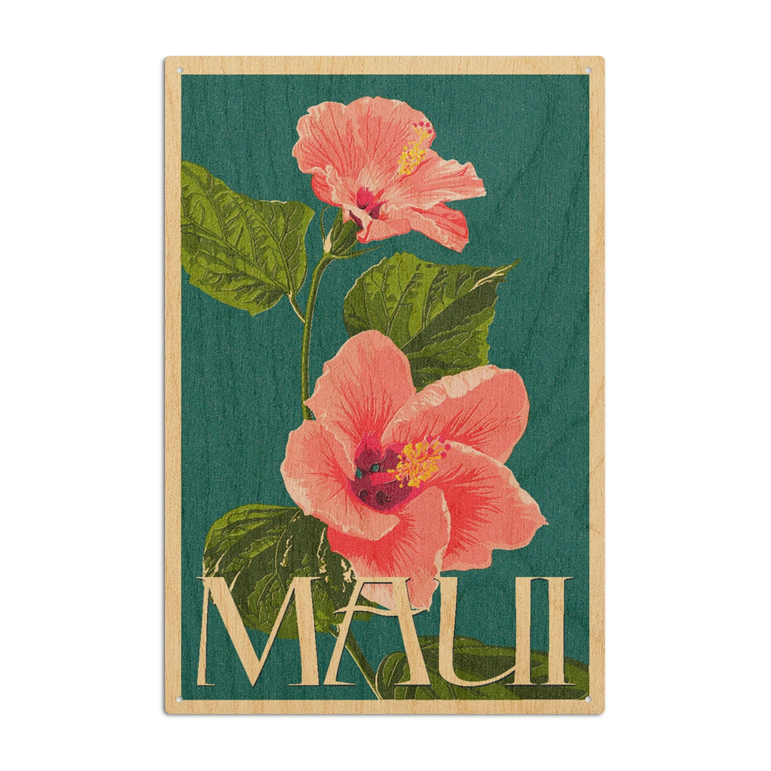 Maui, Hawaii, Pink Hibiscus Flower Letterpress, Lantern Press Artwork, Wood Signs and Postcards - Lantern Press