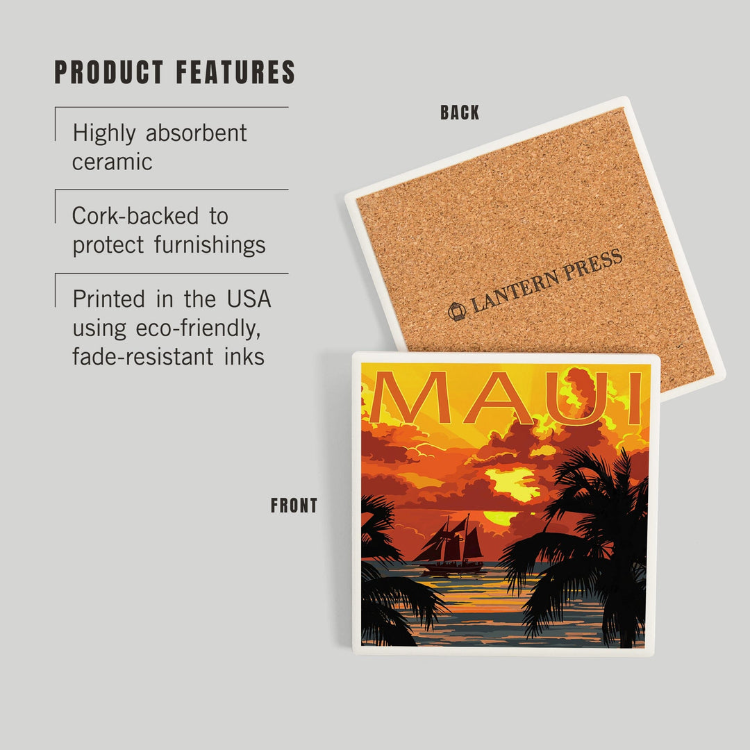 Maui, Hawaii, Sunset and Ship, Coasters Coasters Lantern Press