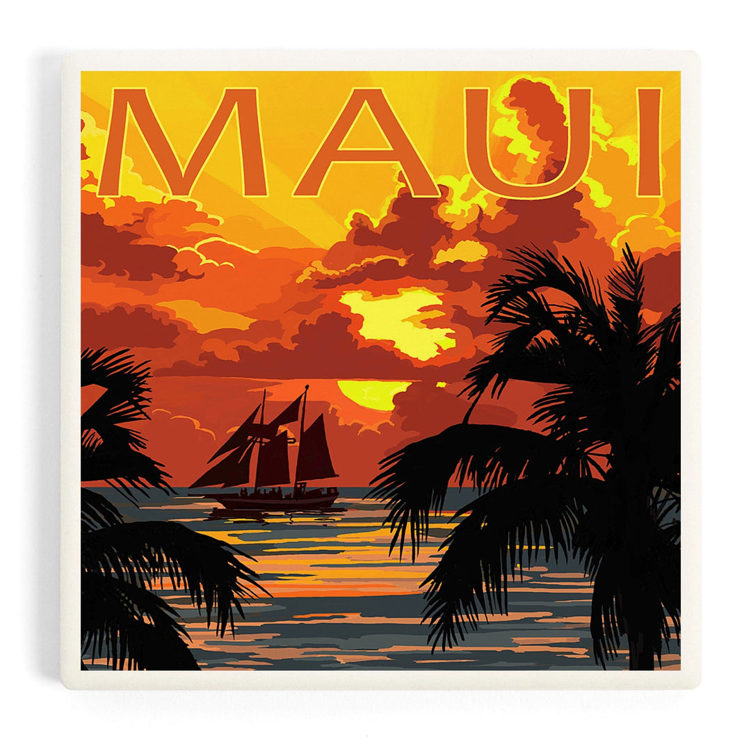 Maui, Hawaii, Sunset and Ship, Coasters Coasters Lantern Press