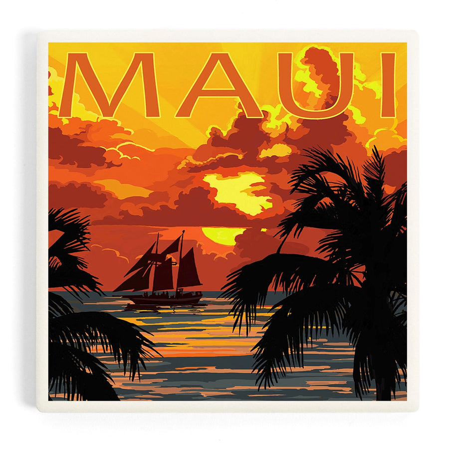 Maui, Hawaii, Sunset and Ship, Coasters Coasters Lantern Press