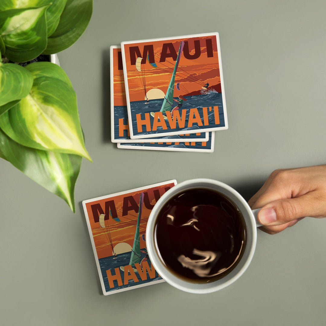 Maui, Hawaii, Windsurfers Scene at Sunset, Coasters Coasters Lantern Press