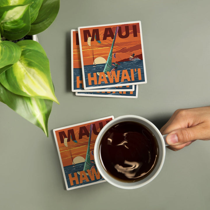 Maui, Hawaii, Windsurfers Scene at Sunset, Coasters Coasters Lantern Press