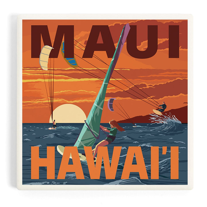 Maui, Hawaii, Windsurfers Scene at Sunset, Coasters Coasters Lantern Press Coaster
