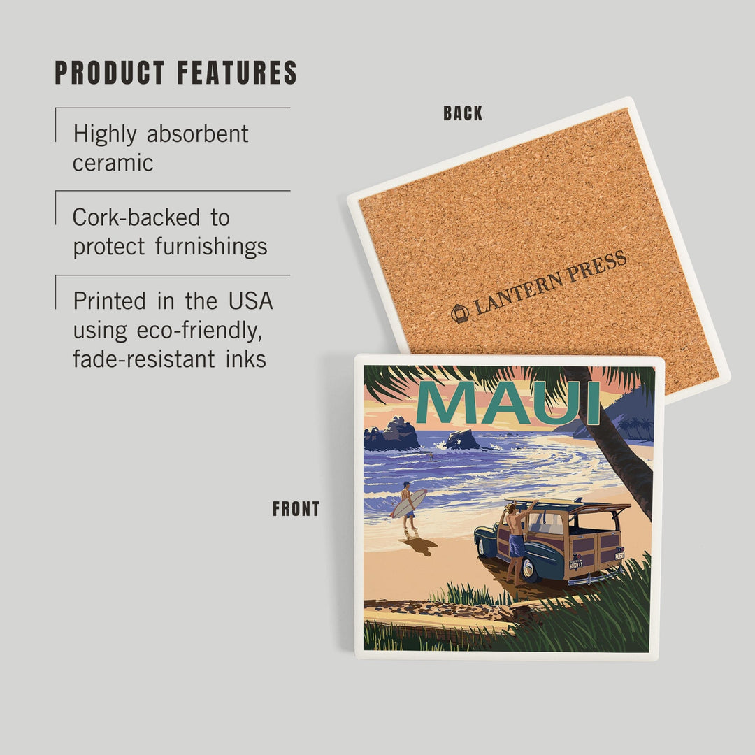 Maui, Hawaii, Woody and Beach, Coasters Coasters Lantern Press
