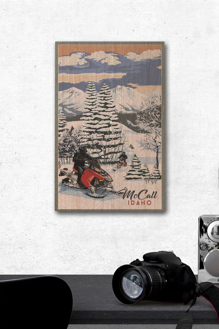 McCall, Idaho, Snowmobile Scene, Lantern Press Artwork, Wood Signs and Postcards - Lantern Press
