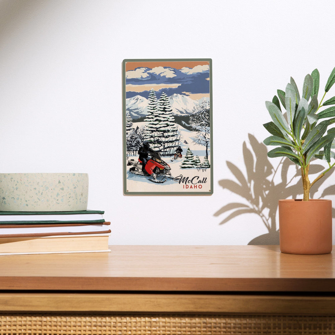 McCall, Idaho, Snowmobile Scene, Lantern Press Artwork, Wood Signs and Postcards - Lantern Press
