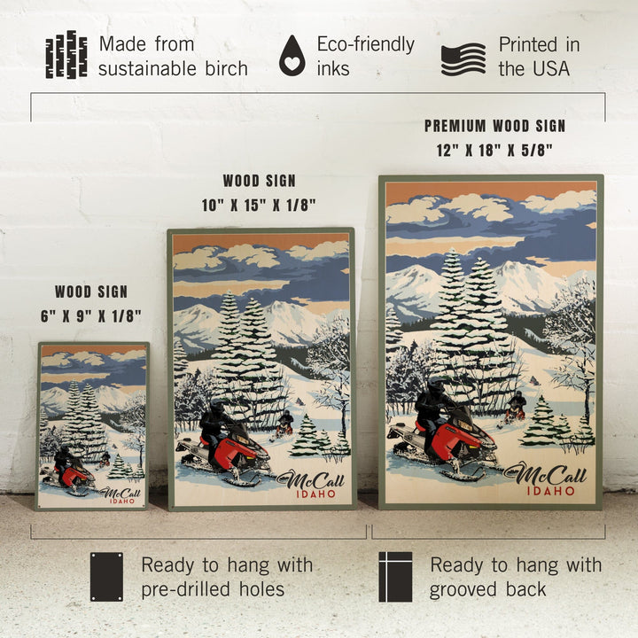 McCall, Idaho, Snowmobile Scene, Lantern Press Artwork, Wood Signs and Postcards - Lantern Press