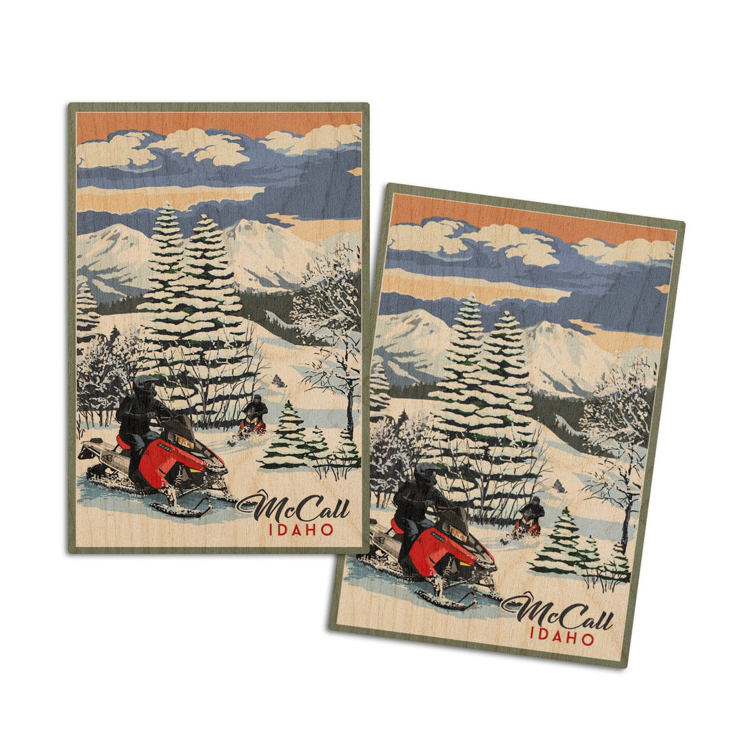 McCall, Idaho, Snowmobile Scene, Lantern Press Artwork, Wood Signs and Postcards - Lantern Press