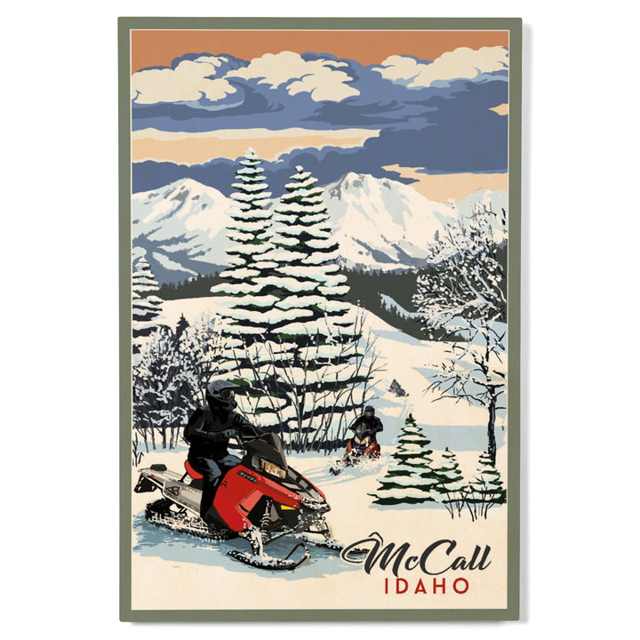 McCall, Idaho, Snowmobile Scene, Lantern Press Artwork, Wood Signs and Postcards - Lantern Press