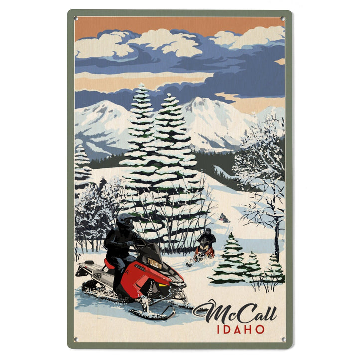 McCall, Idaho, Snowmobile Scene, Lantern Press Artwork, Wood Signs and Postcards - Lantern Press