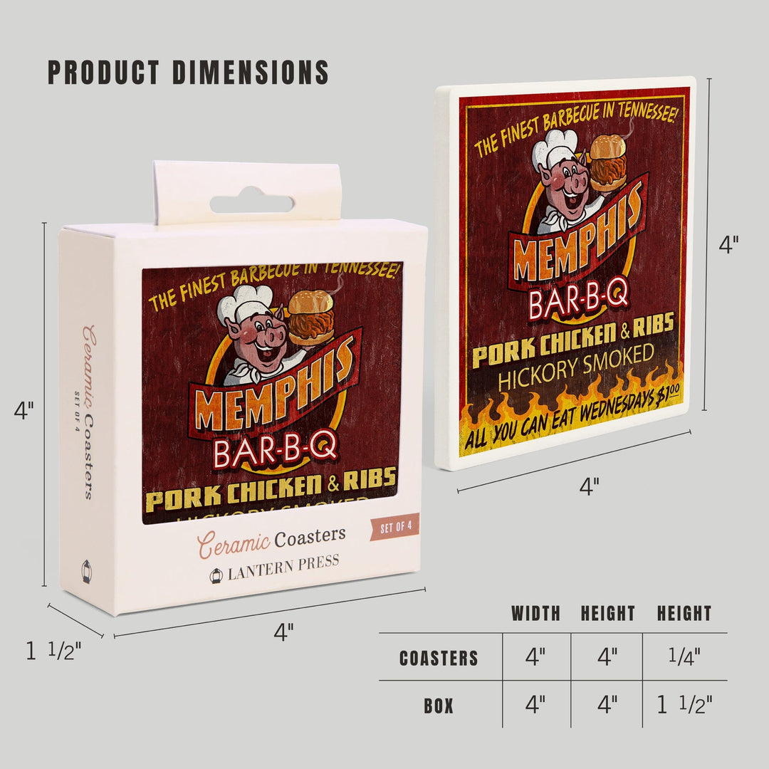 Memphis, Tennessee, BBQ Pig Vintage Sign, Coasters Coasters Lantern Press