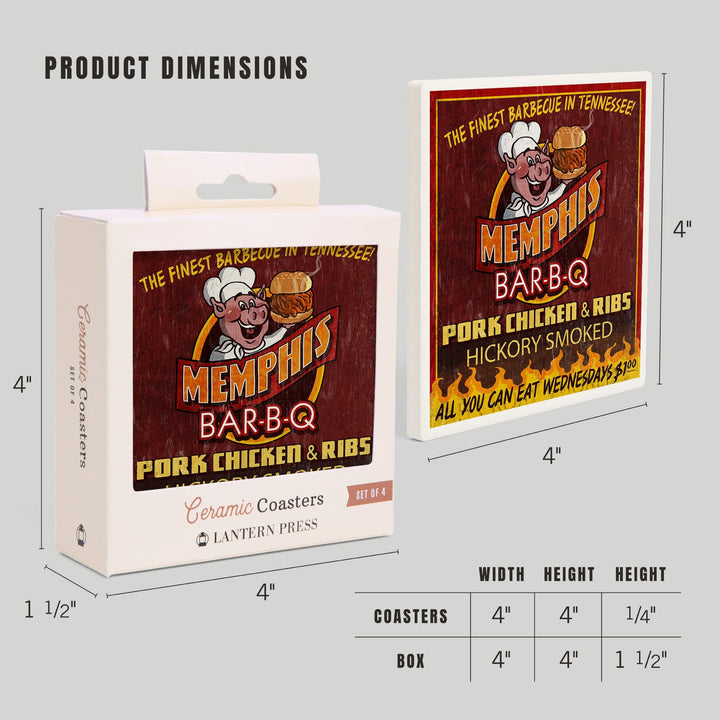 Memphis, Tennessee, BBQ Pig Vintage Sign, Coasters Coasters Lantern Press