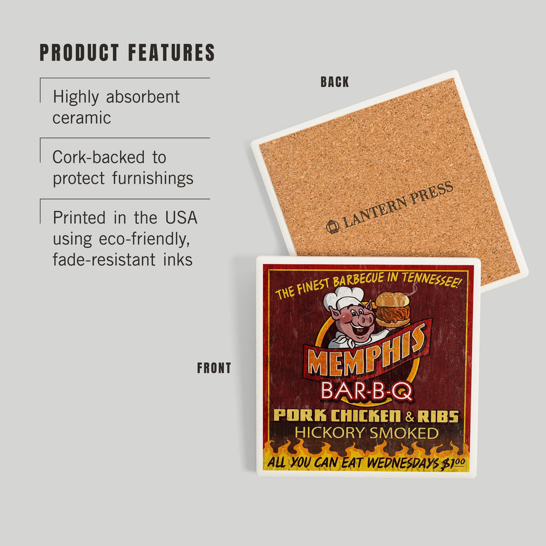 Memphis, Tennessee, BBQ Pig Vintage Sign, Coasters Coasters Lantern Press