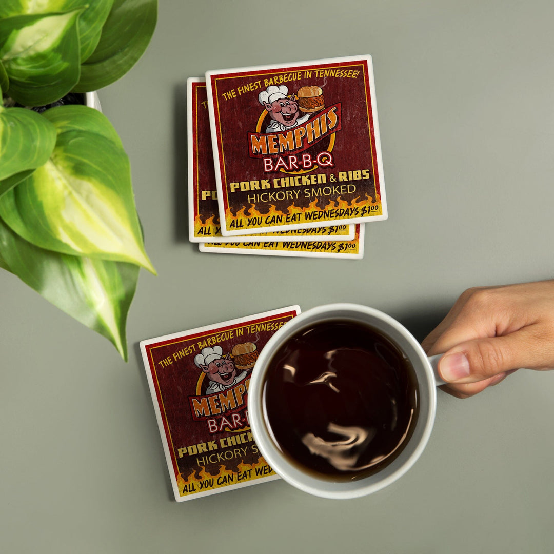 Memphis, Tennessee, BBQ Pig Vintage Sign, Coasters Coasters Lantern Press