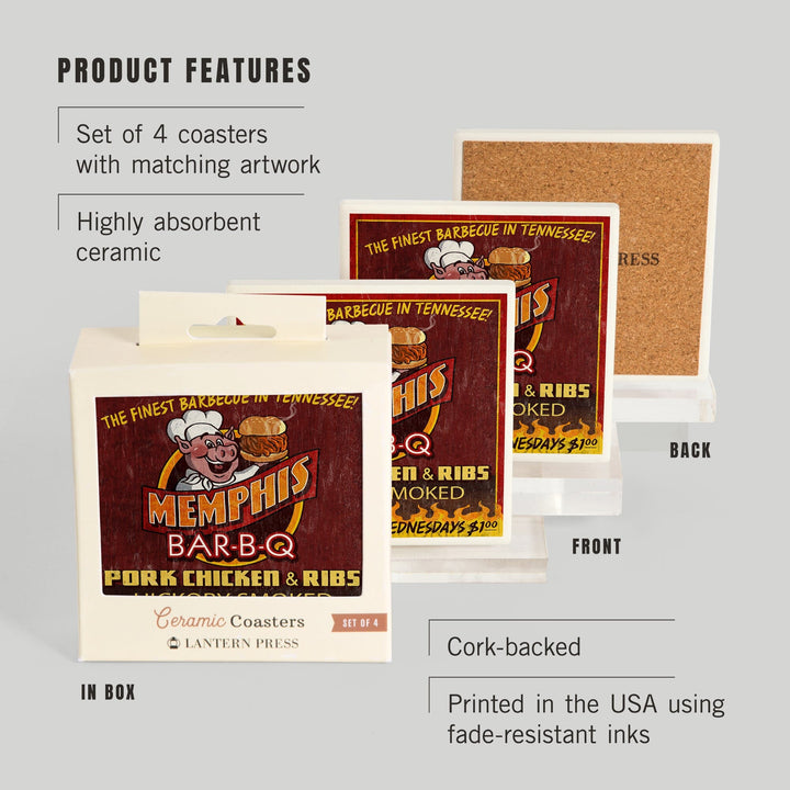 Memphis, Tennessee, BBQ Pig Vintage Sign, Coasters Coasters Lantern Press