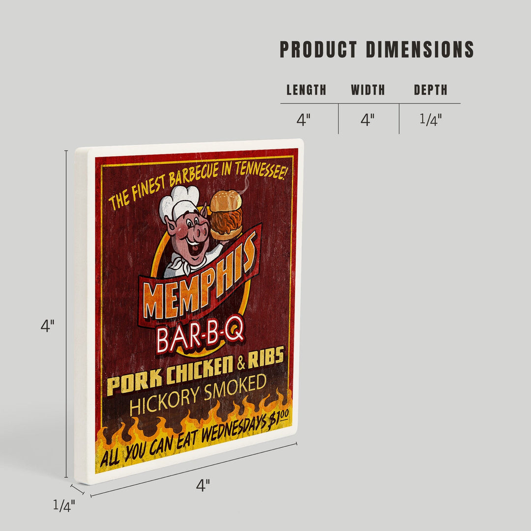 Memphis, Tennessee, BBQ Pig Vintage Sign, Coasters Coasters Lantern Press