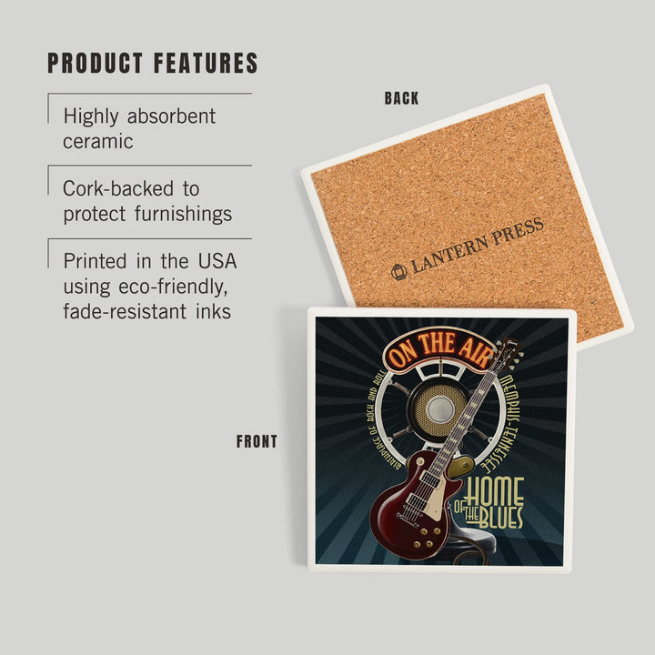 Memphis, Tennessee, Guitar and Microphone (Blue), Coasters Coasters Lantern Press