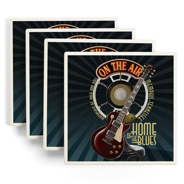 Memphis, Tennessee, Guitar and Microphone (Blue), Coasters Coasters Lantern Press