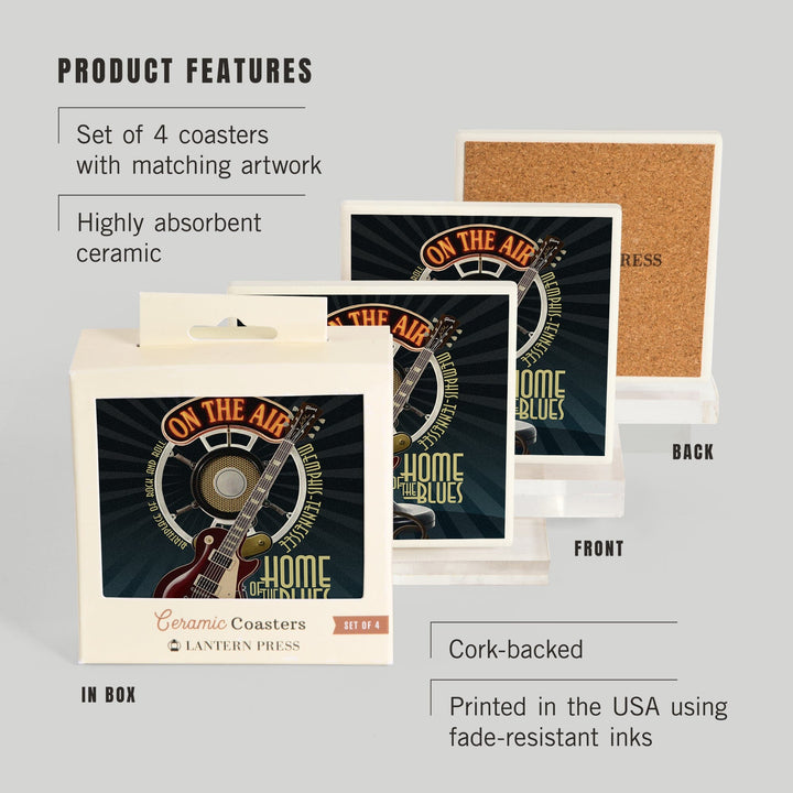 Memphis, Tennessee, Guitar and Microphone (Blue), Coasters Coasters Lantern Press