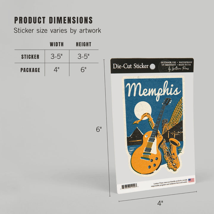 Memphis, Tennessee, Music, Woodblock, Contour, Vinyl Sticker Sticker Lantern Press