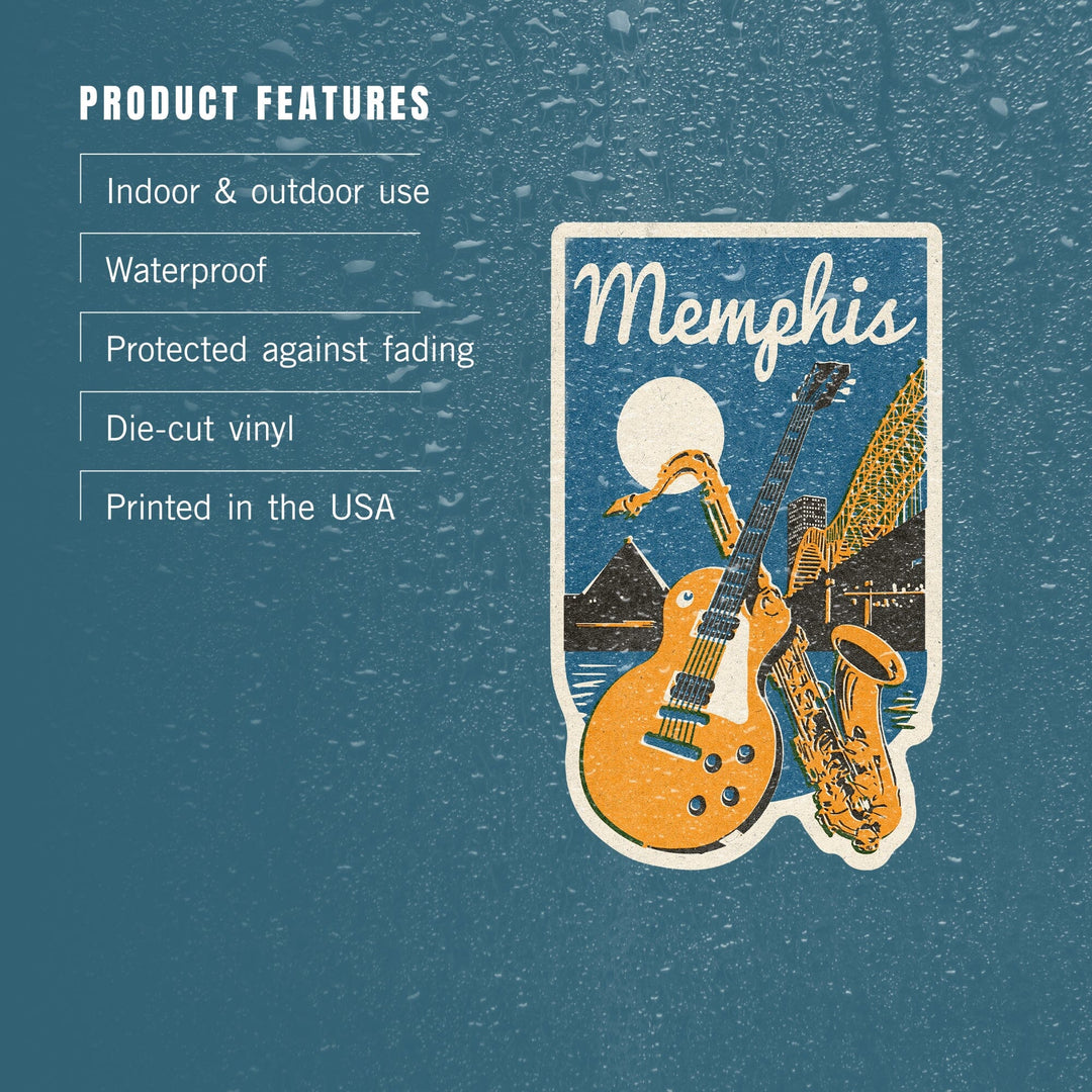 Memphis, Tennessee, Music, Woodblock, Contour, Vinyl Sticker Sticker Lantern Press