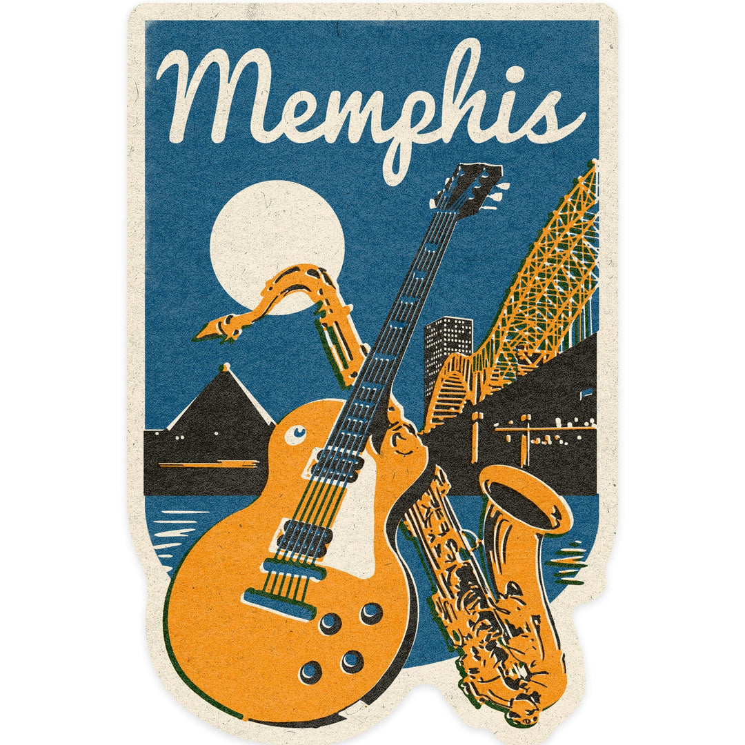 Memphis, Tennessee, Music, Woodblock, Contour, Vinyl Sticker Sticker Lantern Press