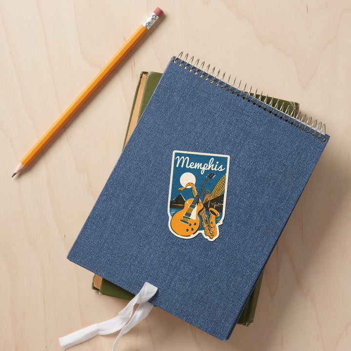 Memphis, Tennessee, Music, Woodblock, Contour, Vinyl Sticker Sticker Lantern Press