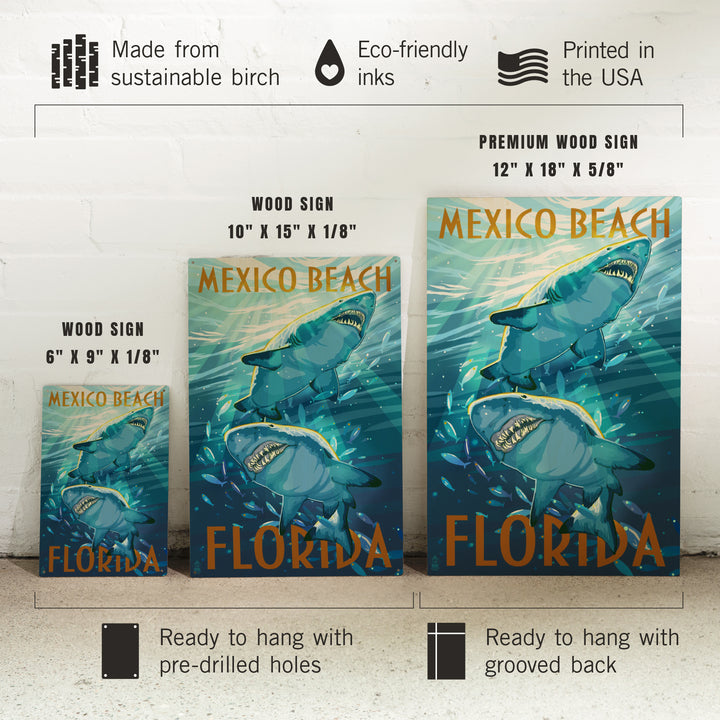 Mexico Beach, Florida, Painterly, Stylized Tiger Sharks, Wood Signs and Postcards Wood Lantern Press