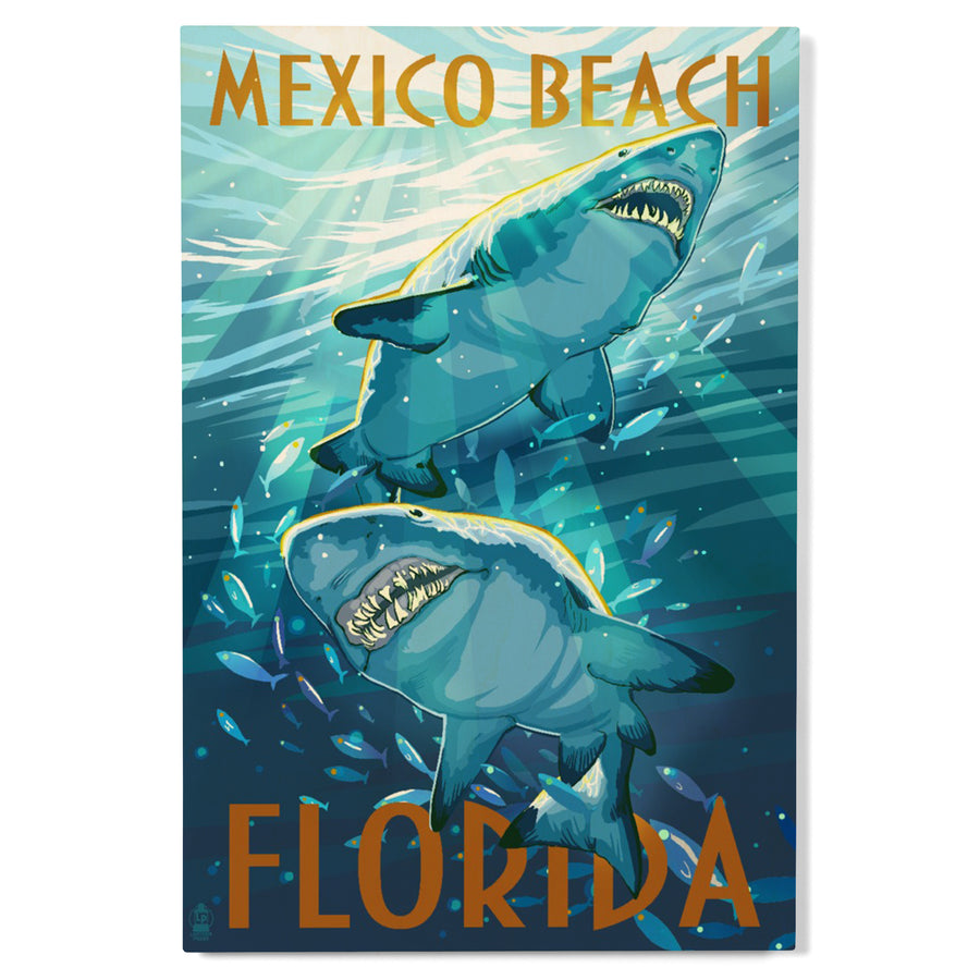 Mexico Beach, Florida, Painterly, Stylized Tiger Sharks, Wood Signs and Postcards Wood Lantern Press