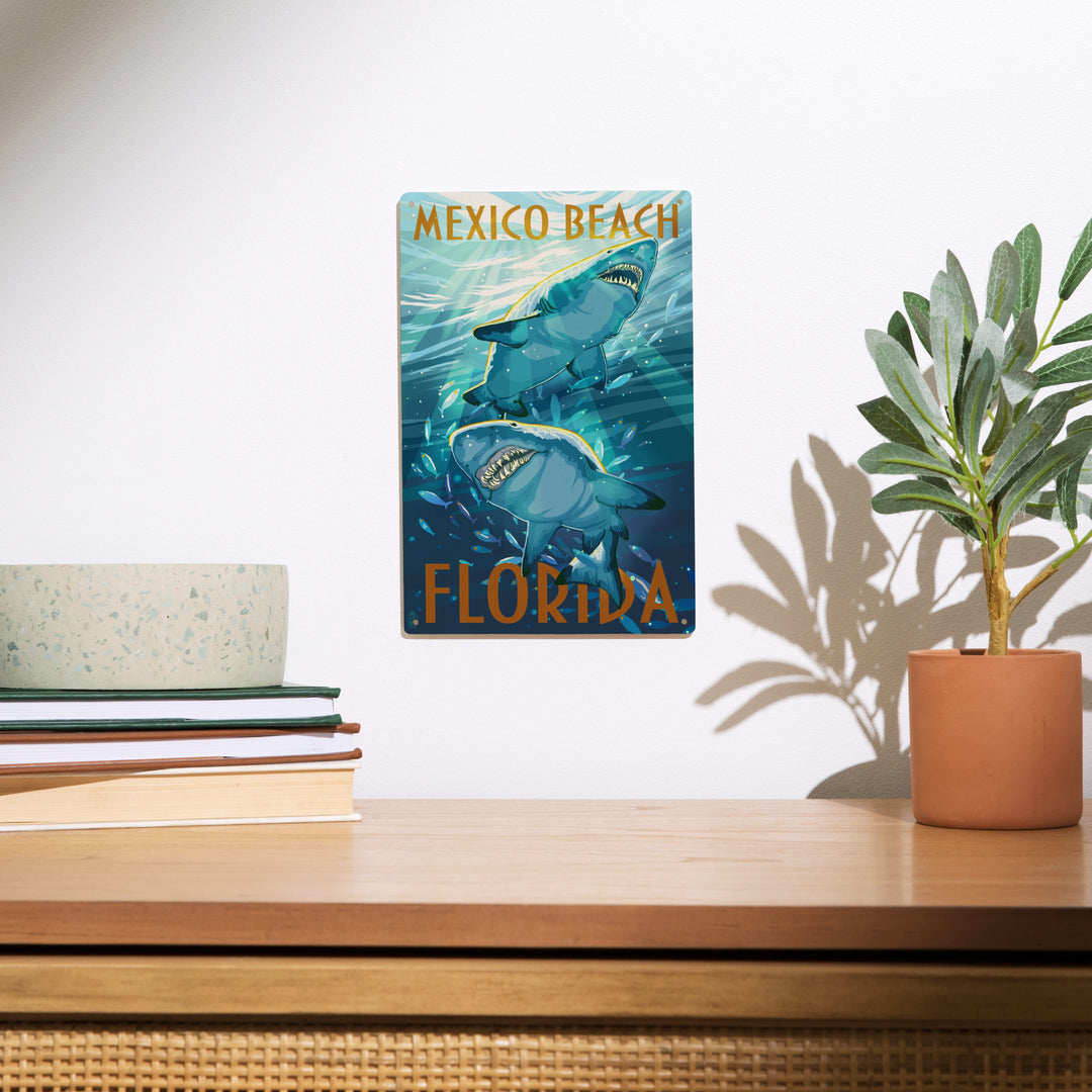 Mexico Beach, Florida, Painterly, Stylized Tiger Sharks, Wood Signs and Postcards Wood Lantern Press