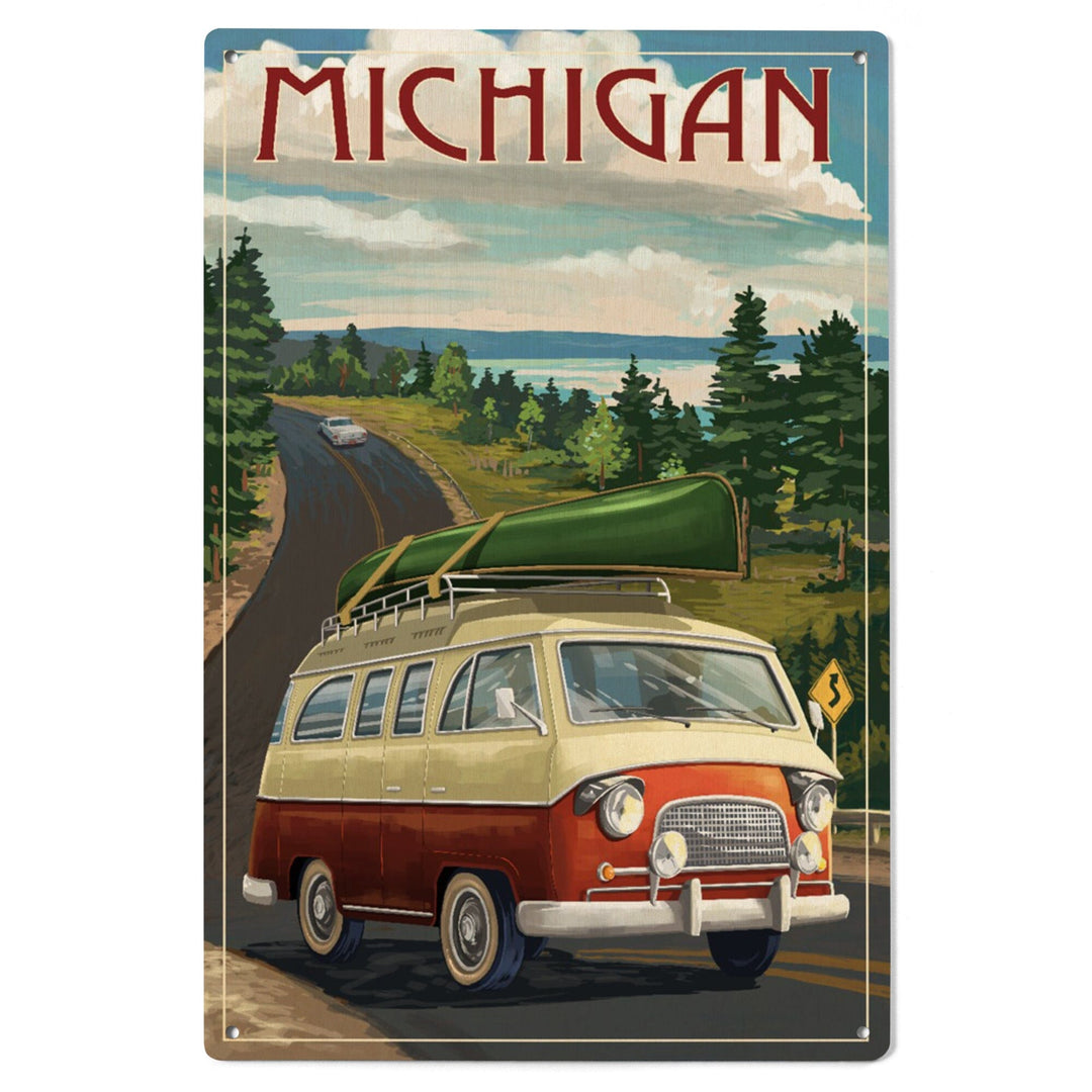 Michigan, Camper Van, Lantern Press Artwork, Wood Signs and Postcards - Lantern Press