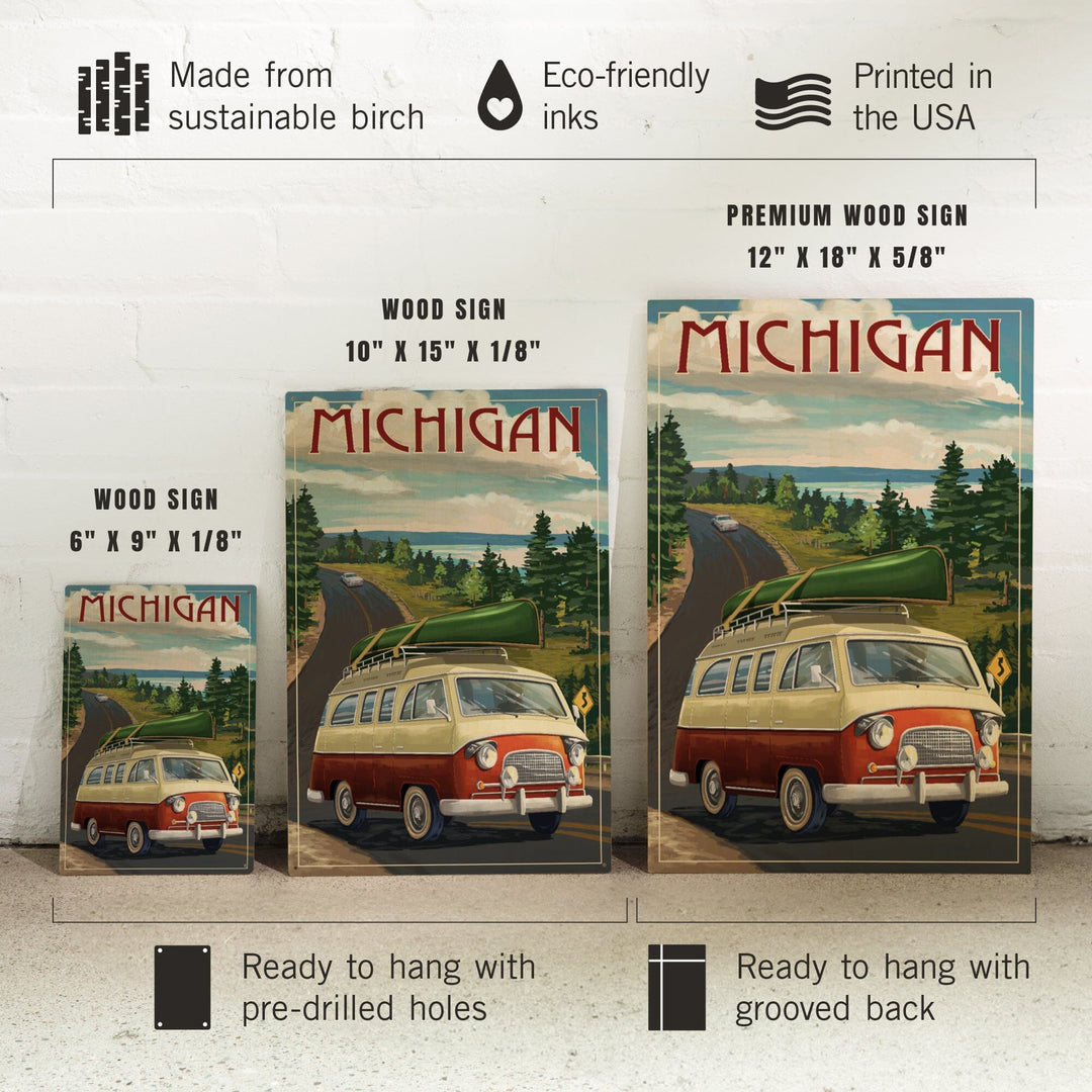 Michigan, Camper Van, Lantern Press Artwork, Wood Signs and Postcards - Lantern Press