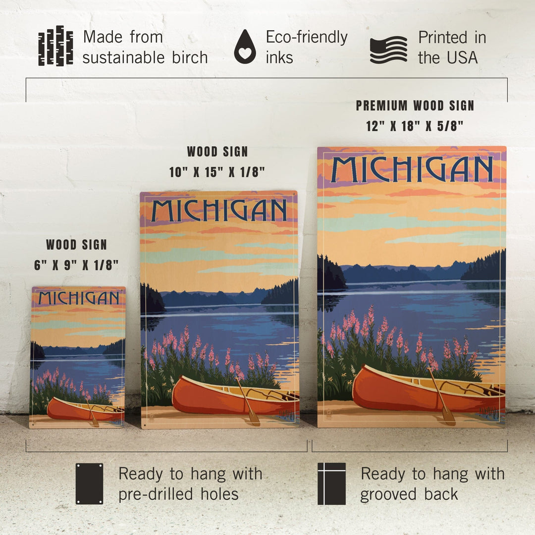 Michigan, Canoe & Lake, Lantern Press Artwork, Wood Signs and Postcards - Lantern Press