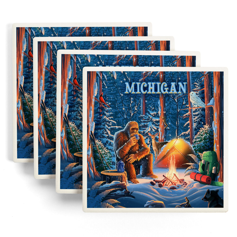 Michigan, Find Your Inner Squatch, Camping Bigfoot, Coasters Coasters Lantern Press