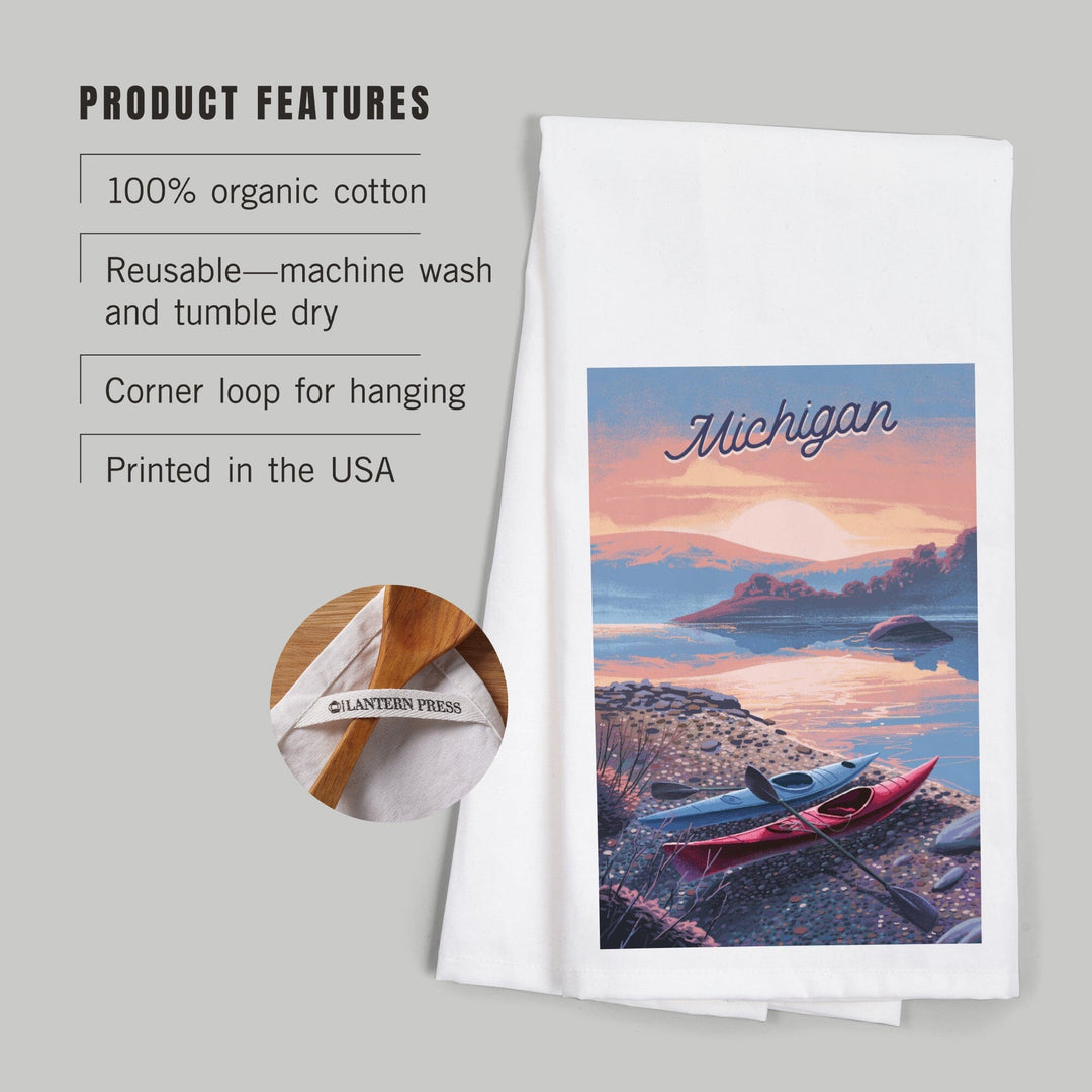 Michigan, Glassy Sunrise, Kayak, Organic Cotton Kitchen Tea Towels Kitchen Lantern Press
