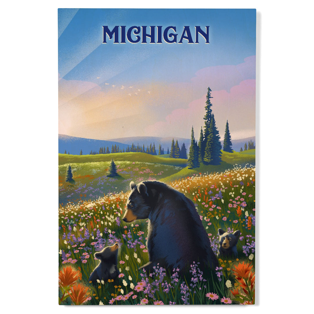 Michigan, Lithograph, Bear Family in Field, Wood Signs and Postcards Wood Lantern Press