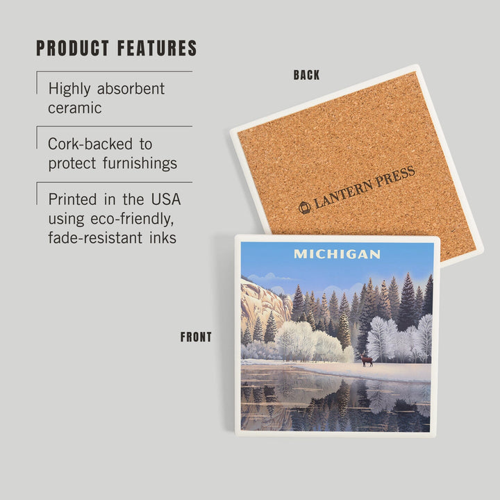 Michigan, Lithograph, Lone Deer By Snowy Lake, Coasters Coasters Lantern Press