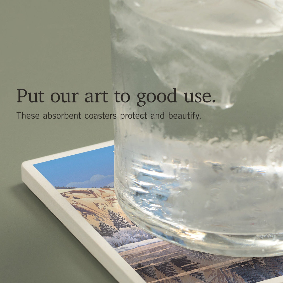 Michigan, Lithograph, Lone Deer By Snowy Lake, Coasters Coasters Lantern Press