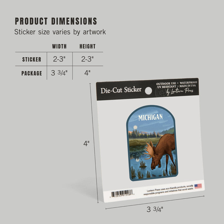 Michigan, Lithograph, Reflection Pond and Bull Moose, Contour, Vinyl Sticker Sticker Lantern Press