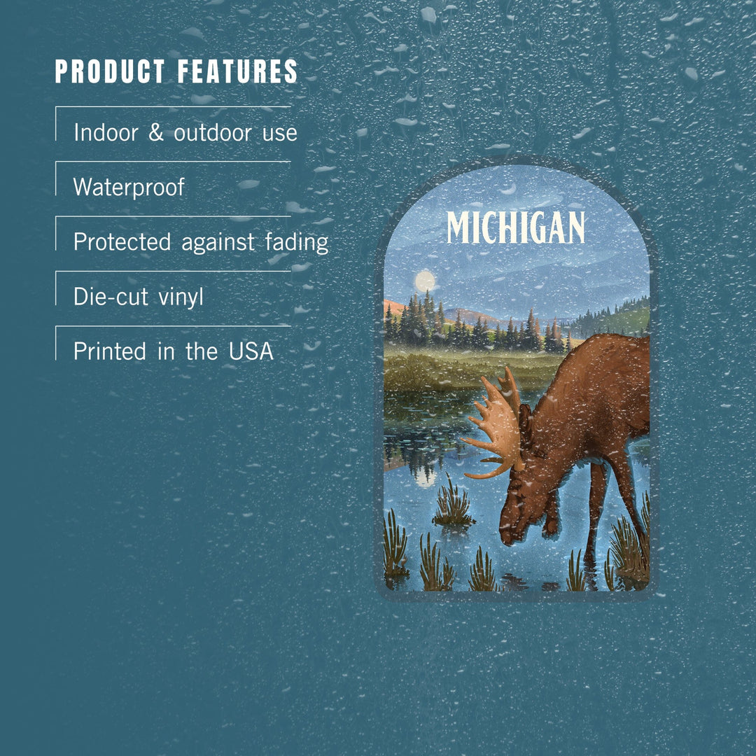 Michigan, Lithograph, Reflection Pond and Bull Moose, Contour, Vinyl Sticker Sticker Lantern Press