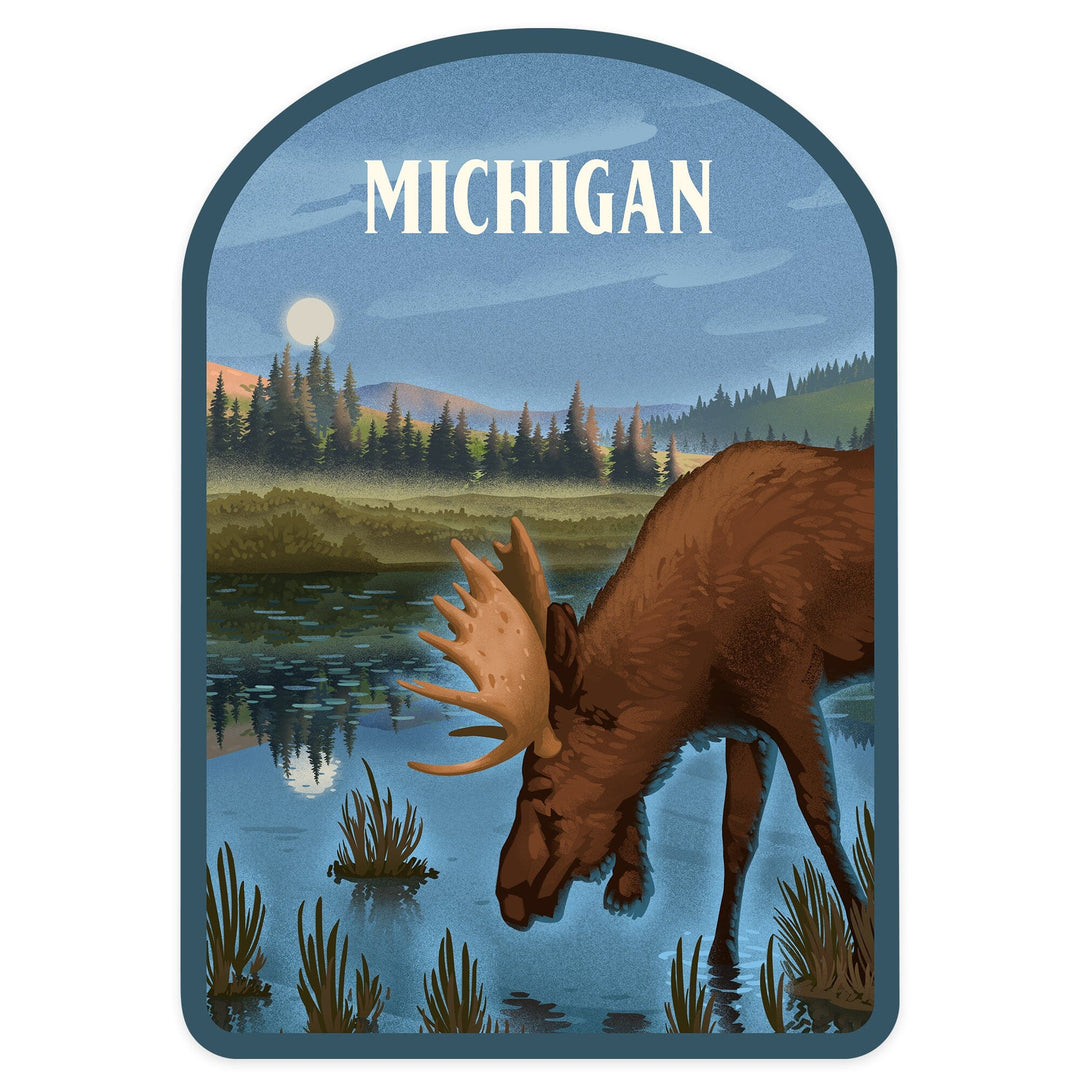 Michigan, Lithograph, Reflection Pond and Bull Moose, Contour, Vinyl Sticker Sticker Lantern Press