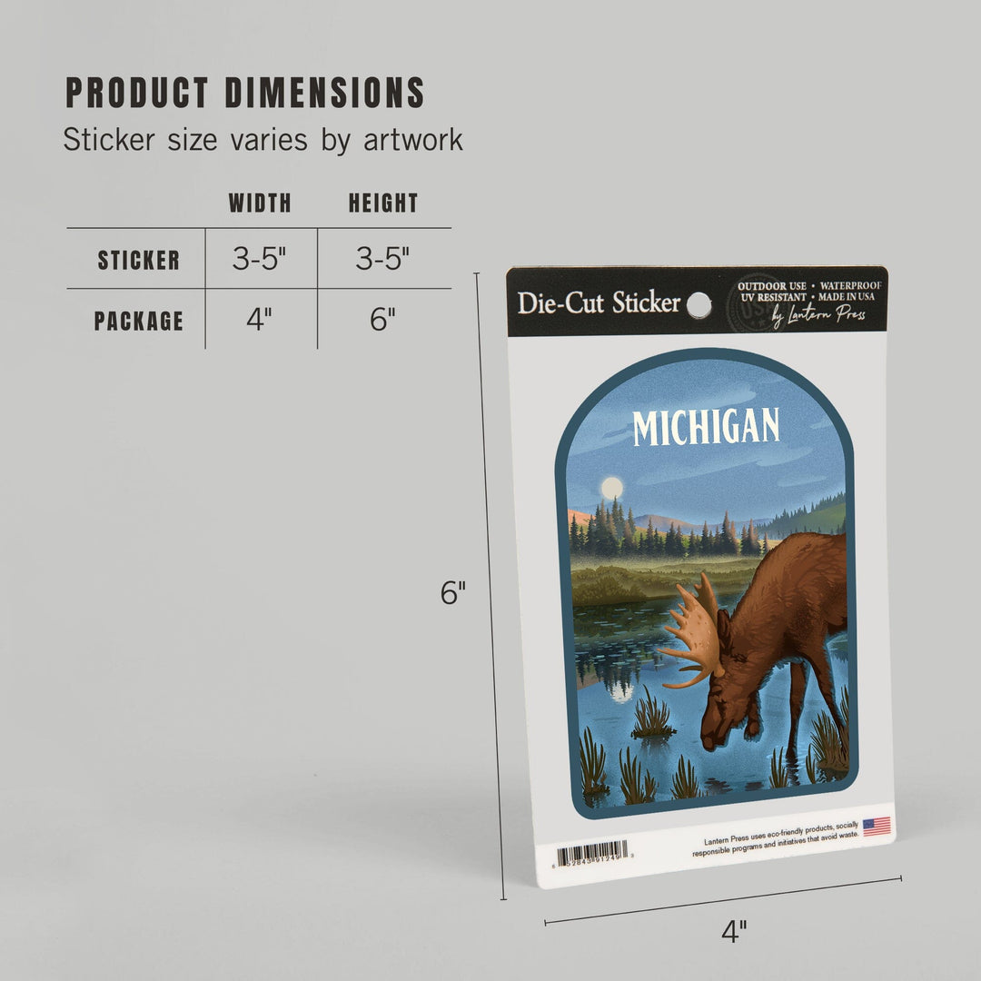 Michigan, Lithograph, Reflection Pond and Bull Moose, Contour, Vinyl Sticker Sticker Lantern Press