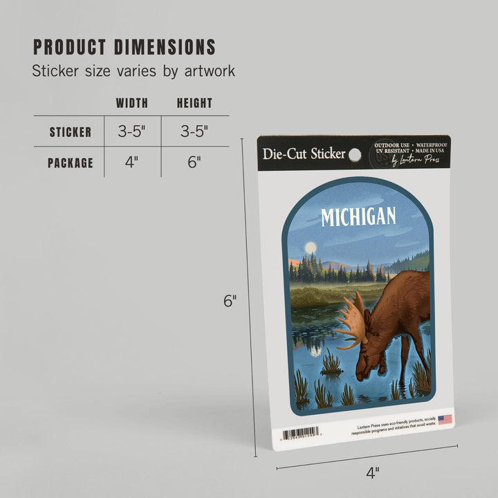 Michigan, Lithograph, Reflection Pond and Bull Moose, Contour, Vinyl Sticker Sticker Lantern Press
