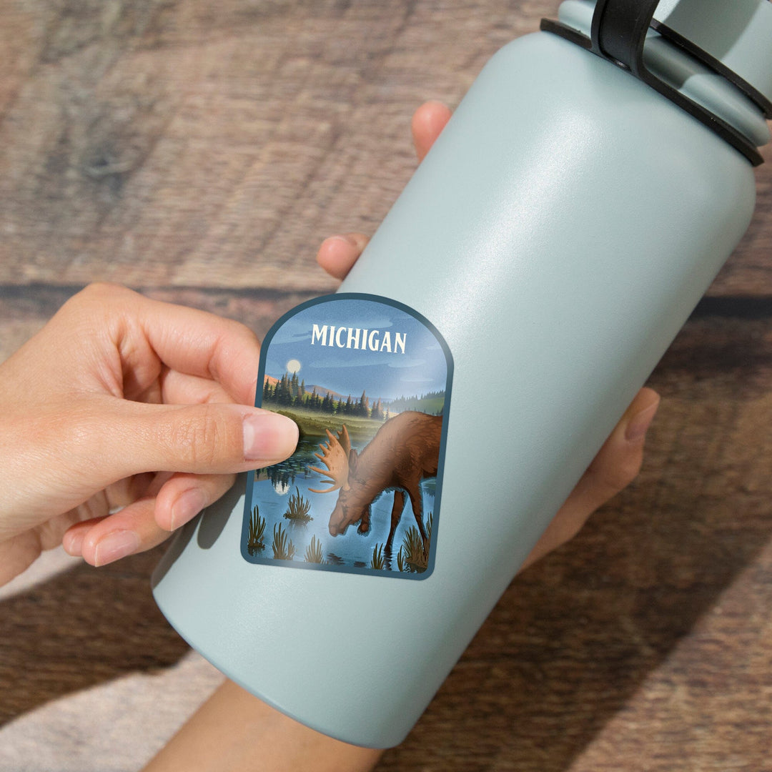 Michigan, Lithograph, Reflection Pond and Bull Moose, Contour, Vinyl Sticker Sticker Lantern Press