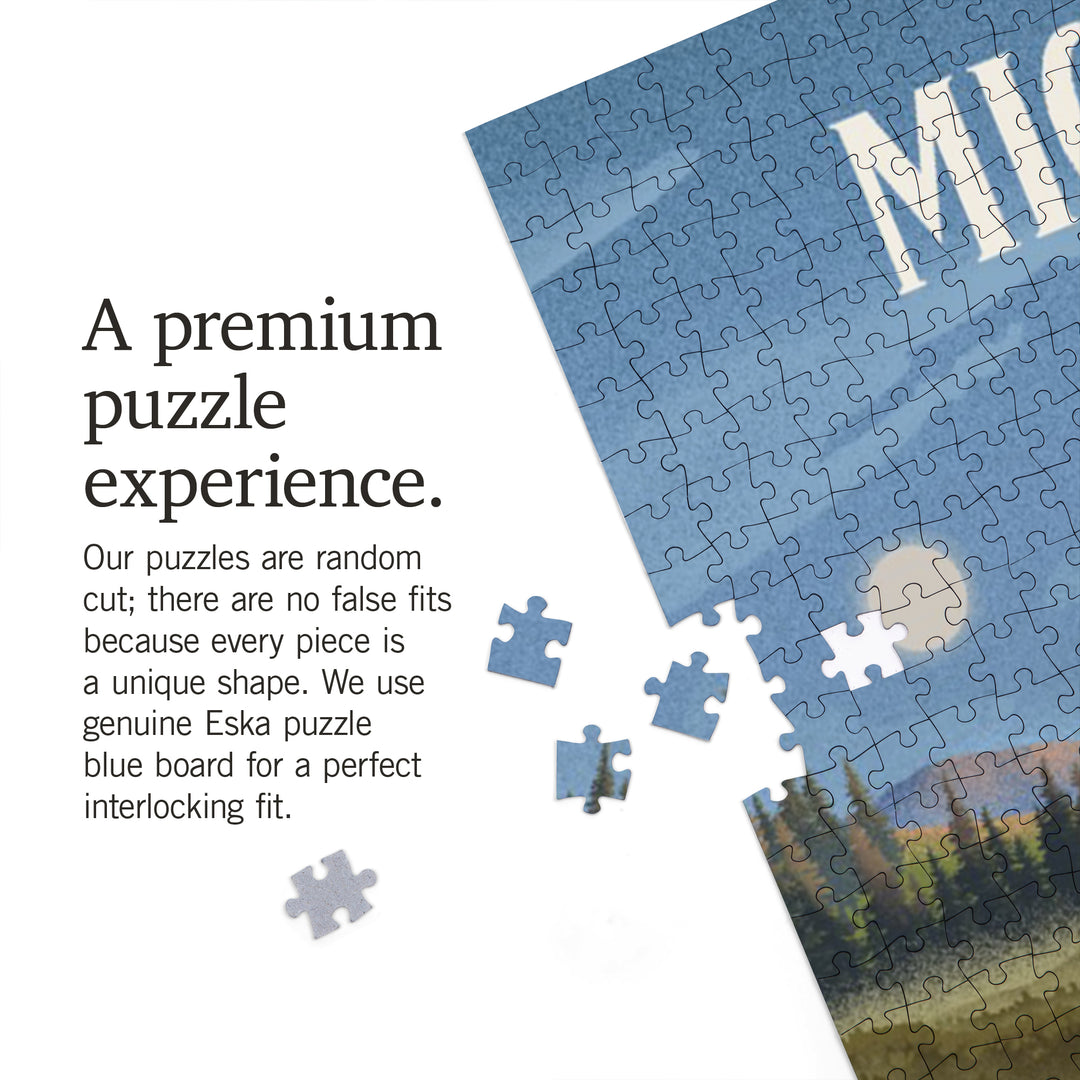 Michigan, Lithograph, Reflection Pond and Bull Moose, Jigsaw Puzzle Puzzle Lantern Press