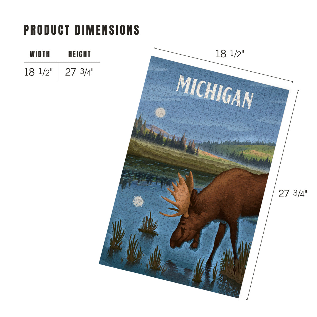 Michigan, Lithograph, Reflection Pond and Bull Moose, Jigsaw Puzzle Puzzle Lantern Press