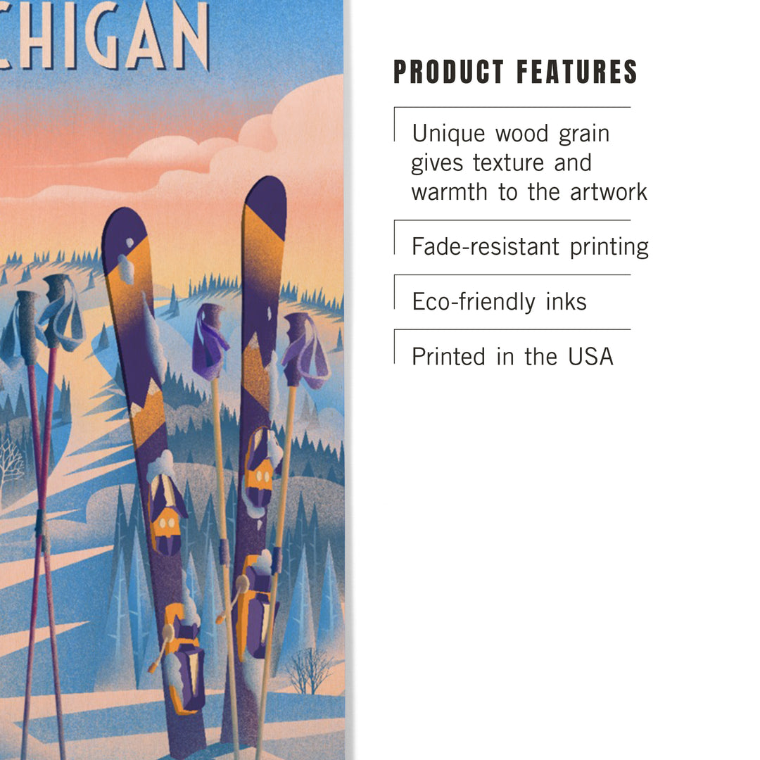 Michigan, Prepare for Takeoff, Skis in Snowbank, Wood Signs and Postcards Wood Lantern Press