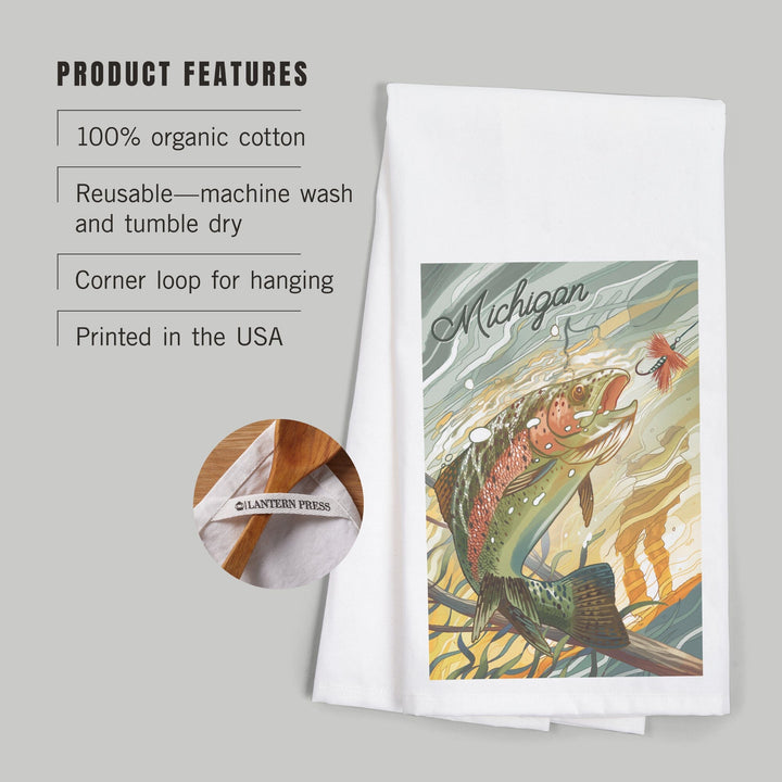 Michigan, Underwater Trout with Dry Fly, Organic Cotton Kitchen Tea Towels Kitchen Lantern Press